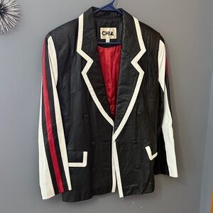 Black and White Blazer with Red Accents